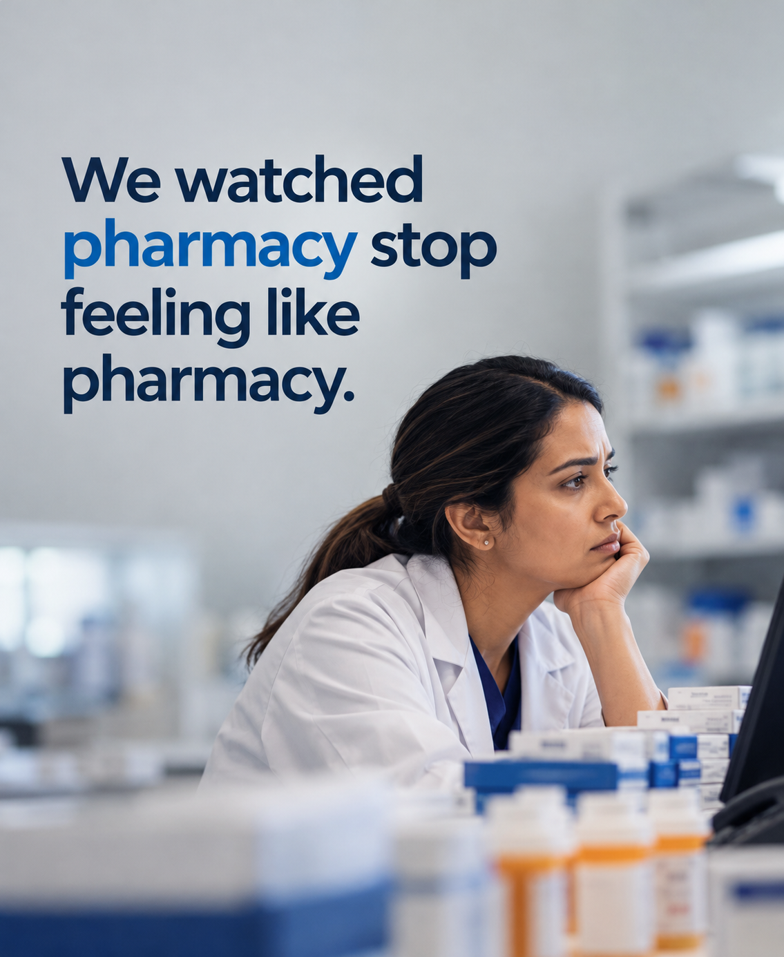 Pharmacist in conversation with a customer over the counter — to be replaced with real photography.