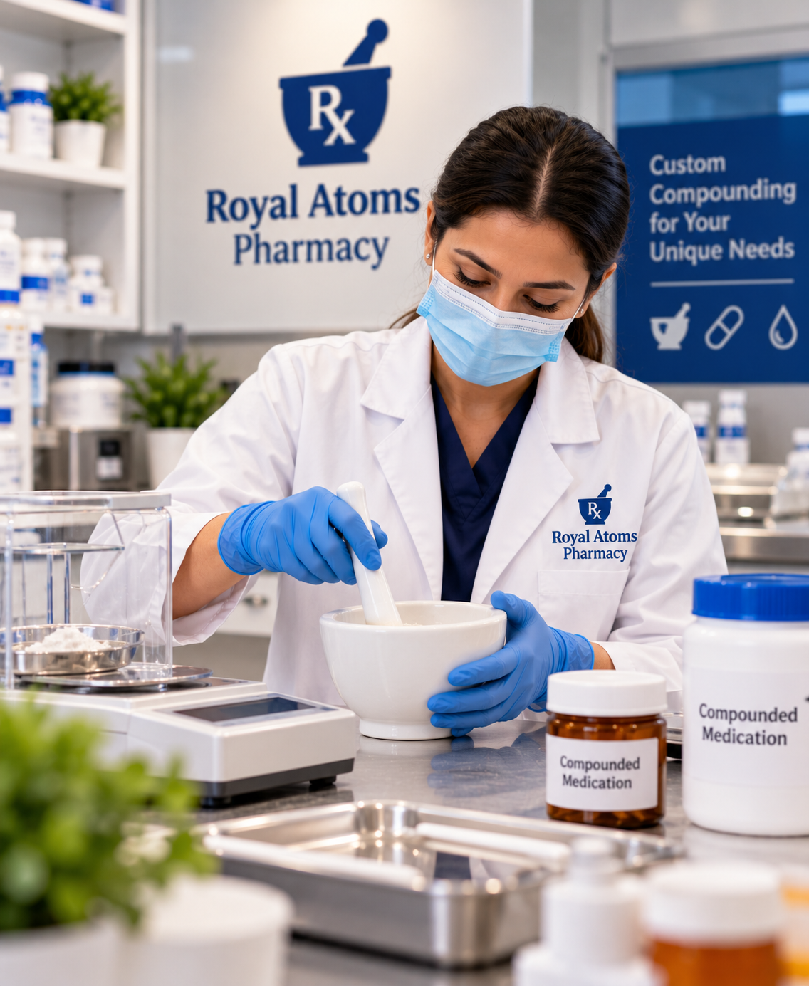 Pharmacist consulting with a patient about a compounded medication.