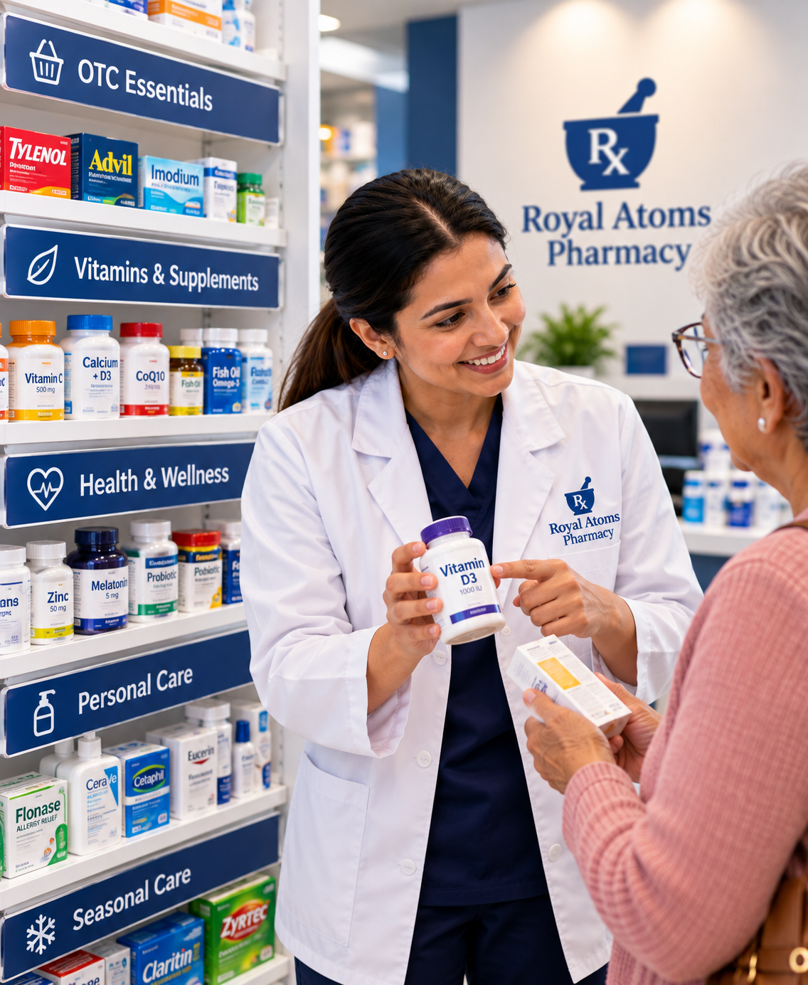 Wellness aisle with vitamins and over-the-counter essentials — to be replaced with real photography.