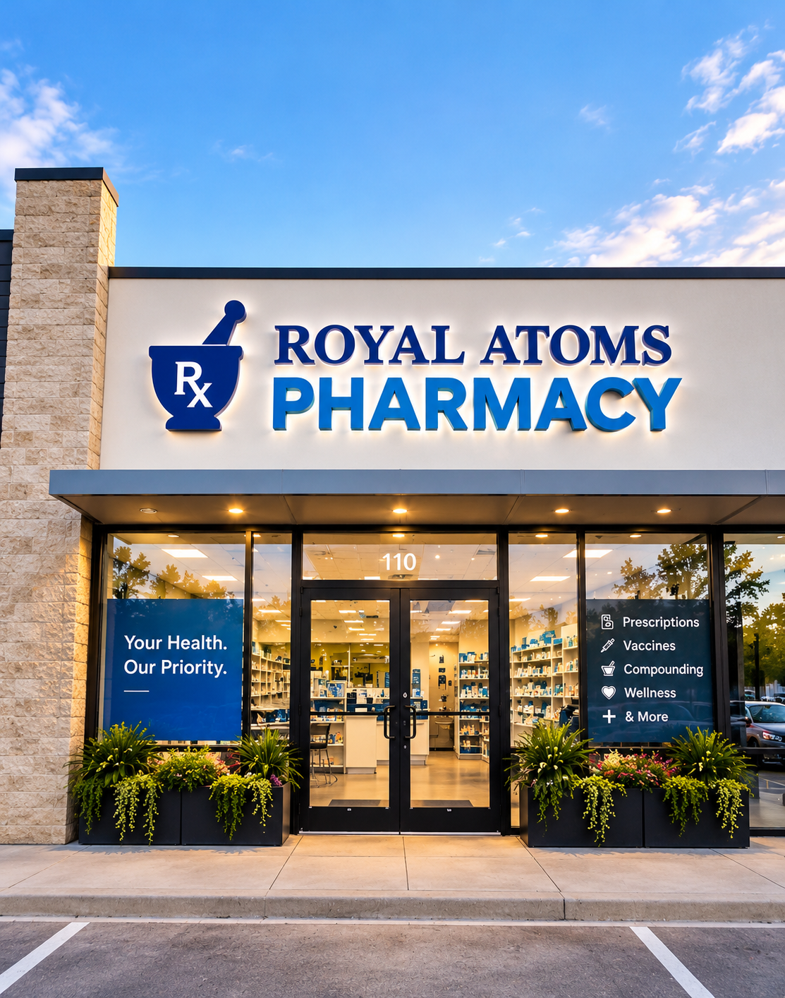 Photo of the Royal Atoms Pharmacy counter — to be replaced with real photography.