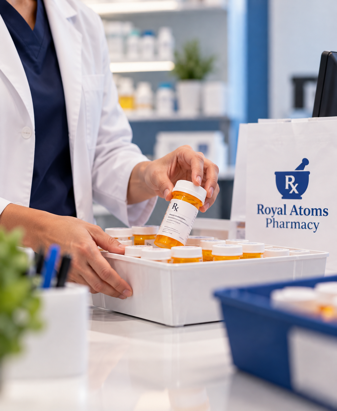 Pharmacist preparing a refill order — to be replaced with real photography.