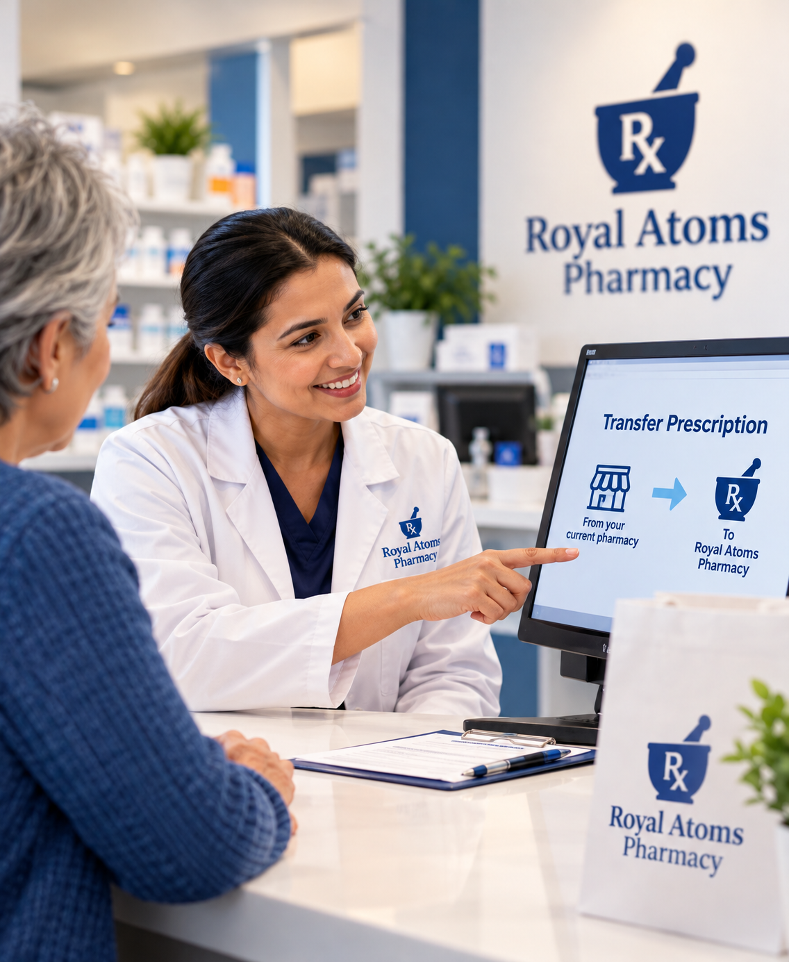 Pharmacist on the phone arranging a prescription transfer — to be replaced with real photography.
